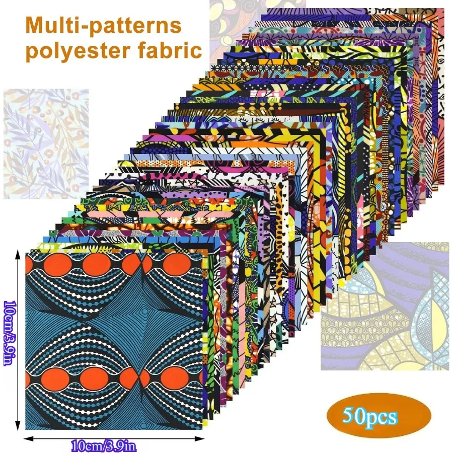 50 Pieces African Wax Printed Ethnic Pattern Pre-Cut Quilting Fabric for Sewing Patchwork Craft Projects, 3.9*3.9 Inch