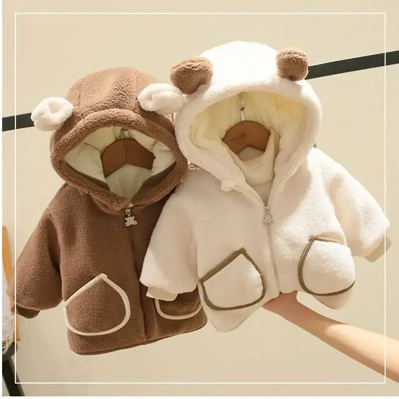 

Флисовая куртка, зимняя одежда, хлопковое пальто для мальчиков и девочек, одежда, теплое утепленное пальто с капюшоном для мальчиков и девочек, милое пальто с ушками