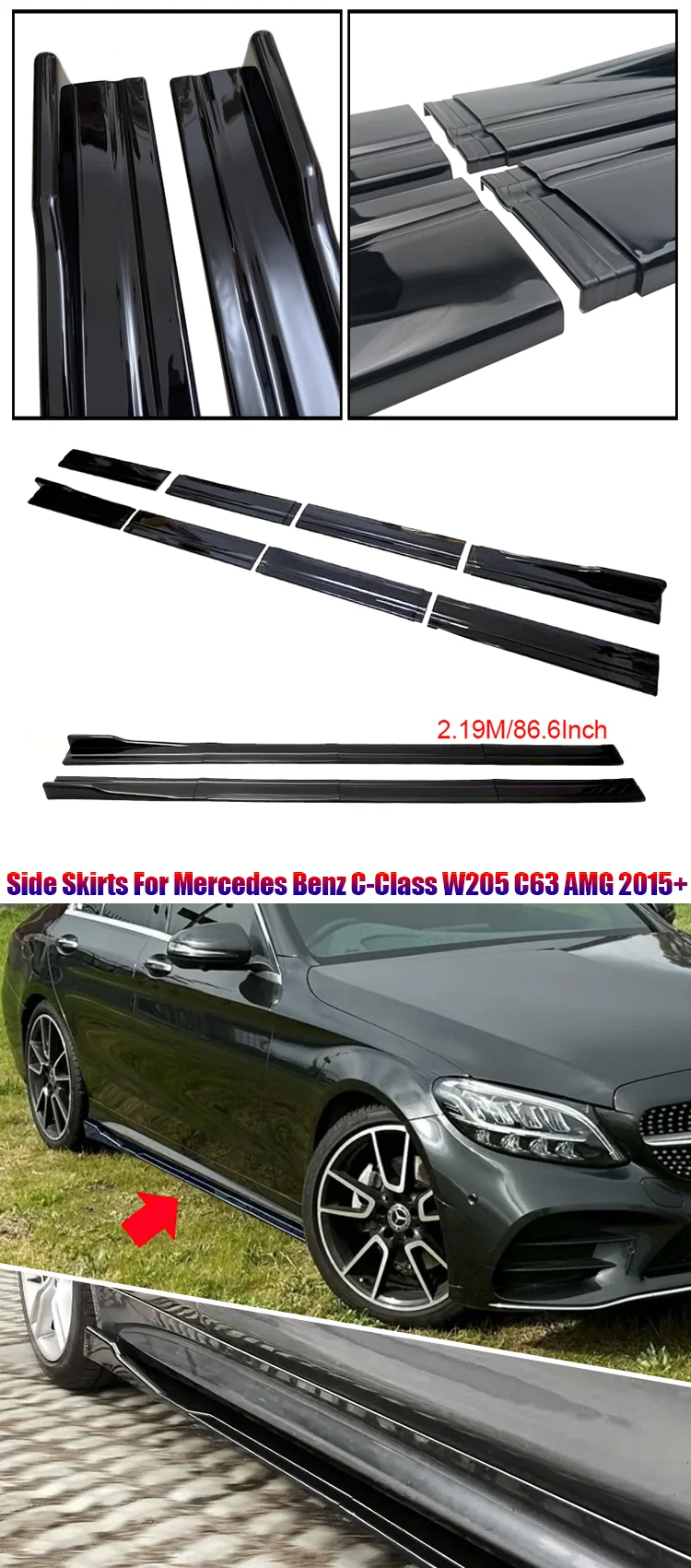 Für 2015+ Mercedes-Benz Zubehör W205 C63 C43 4 Türen AMG C-Klasse Seitenschweller Verlängerungsdiffusor 8 Stück ABS Lippe – Detail 1