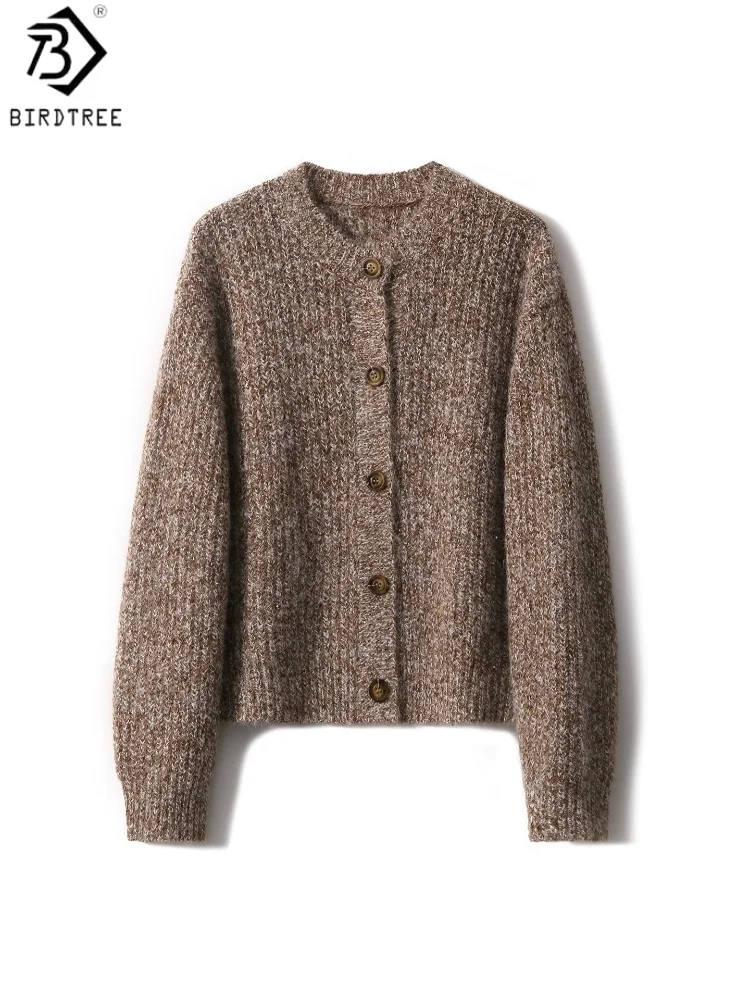 

Birdtree Wool Blend Sequin Knitted Coat,Woman O-neck Single Breasted Cardigan,2025 Autumn Winter Soft Warmth Sweater T59832JF