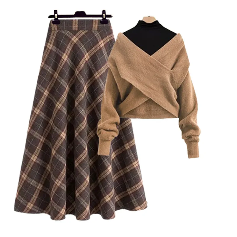 Fall Winter French Retro Plaid Skirts 3 Piece Sets For Woman Outfits Ladies Elegant Basic Shirts+cross Knitted Sweater+Skirt Set