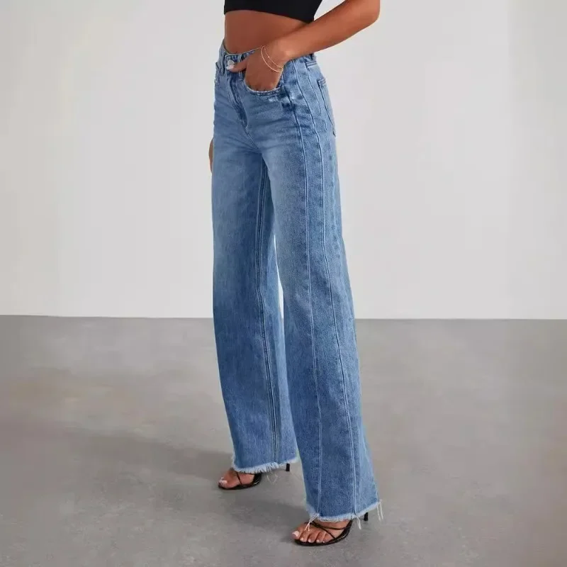 Spring Summer New Women\'s Clothing Solid Color Loose Wide Leg Side Seam Stitching Frayed Hem Jeans