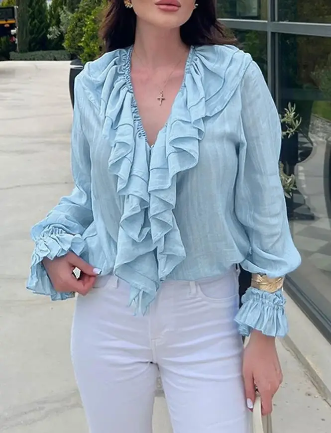 2025 Elegant Sex T-Shirts Pullover Tops Lace Up Plunge V Neck Ruffle Blouse Casual Drawstring Long Sleeve Top