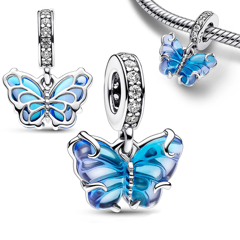 New Hot Selling 925 Silver Blue Enamel Butterfly Jellyfish Women's Logo Pendant For Original Bracelet DIY Fashion Charm Jewelry