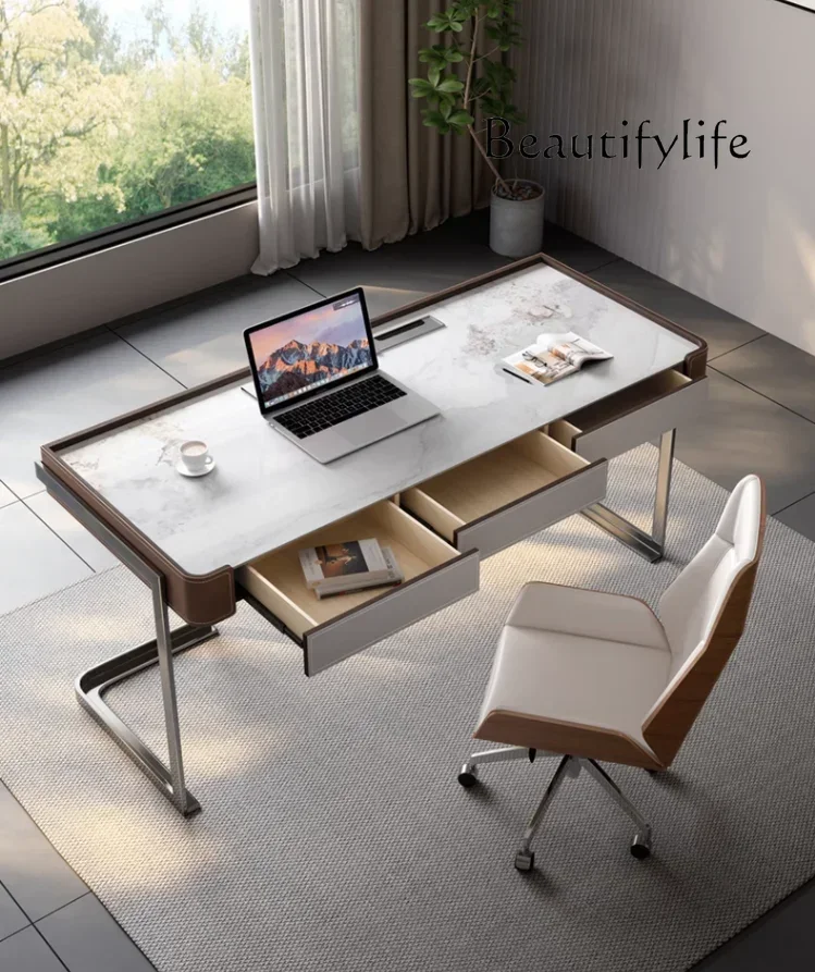 N49 0 Light Luxury Minimalist Designer Modern Saddle Leather Stone Plate Desk Bedroom Office Desk