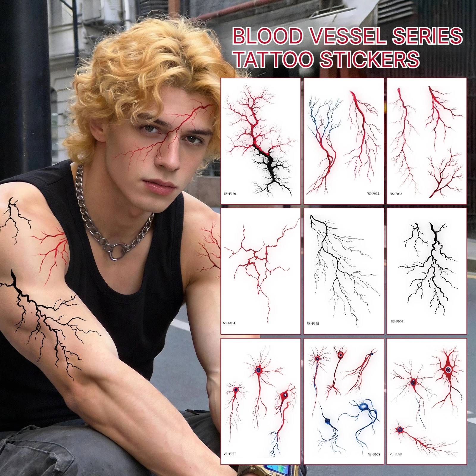 A Red Blood Vessel Scary Face Temporary Tattoos Halloween Eye Makeup Fake Tattoo Stickers for Cosplay and Theme Party