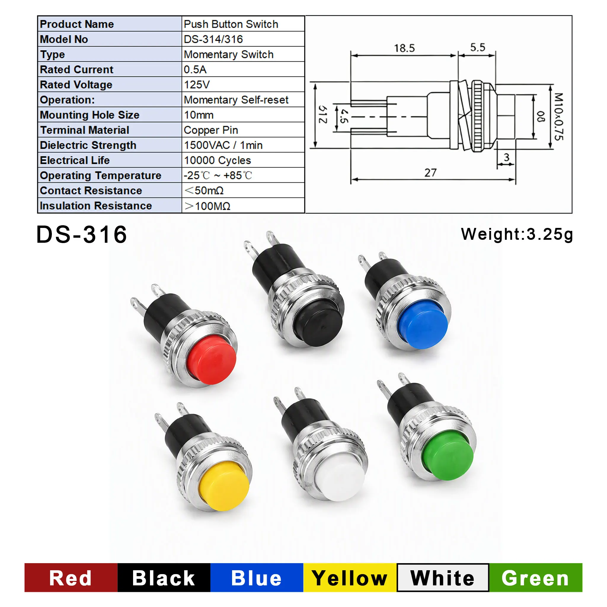 Panel installation 10mm instant close (open) button switch with upper thread and lower thread
