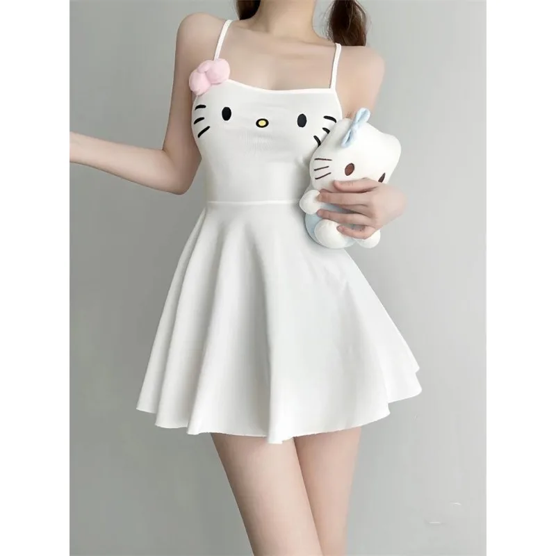 Sanrio sweet and cute short Hello Kitty skirt for women summer kawaii pure lust style slim white suspender dress birthday gift