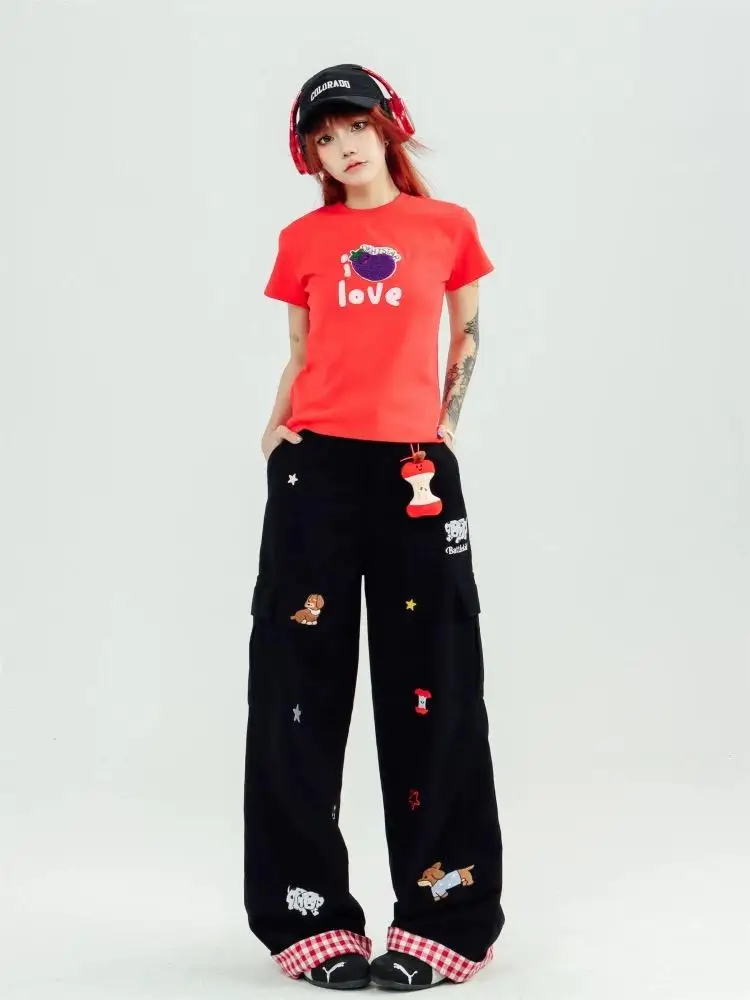 Amerikaanse dames cartoon hond print cargobroek zomer high street vintage losse casual hoge taille rechte pijpen gestapelde broek