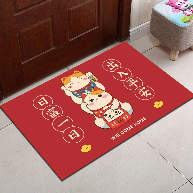 New Year Lucky Cat Floor Mats Entrance Door Mats Bedroom Housewarming New Home in And Out of Peace and Joy Washable Carpet Rug