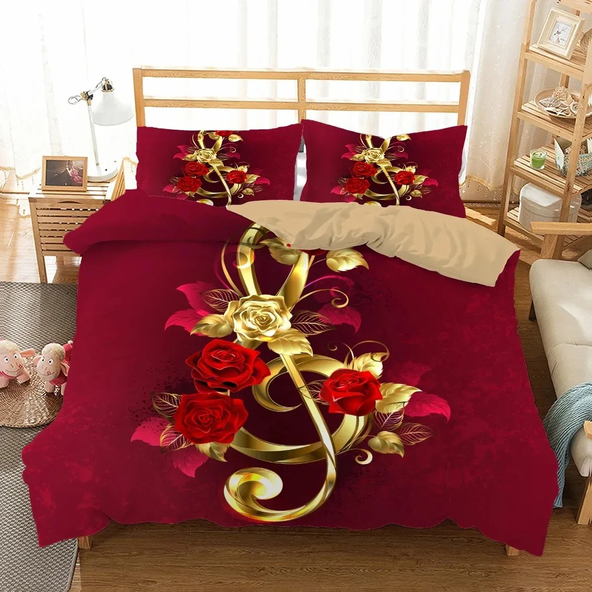 3D Shiny Red Golden Rose Flowers Duvet Cover Set with Pillowcase Valentine's Day Luxury Bedding Set Bedroom Dorm Decor Bed Sets