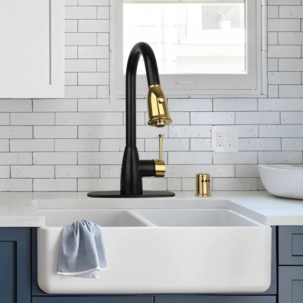 Torneira de cozinha suspensa em dois tons, preta fosca e dourada com placa de convés – garantia de 5 anos, durabilidade de longa duração