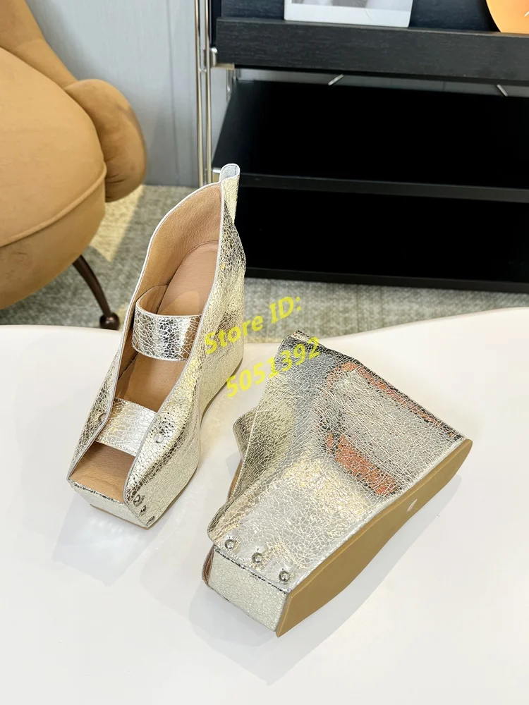 

Genuine Leather Peep Toe Pumps Platform Wedges Slip On Gold Soft Cow Leather 2024 New Arrivals Top Quality Fashion Shoes