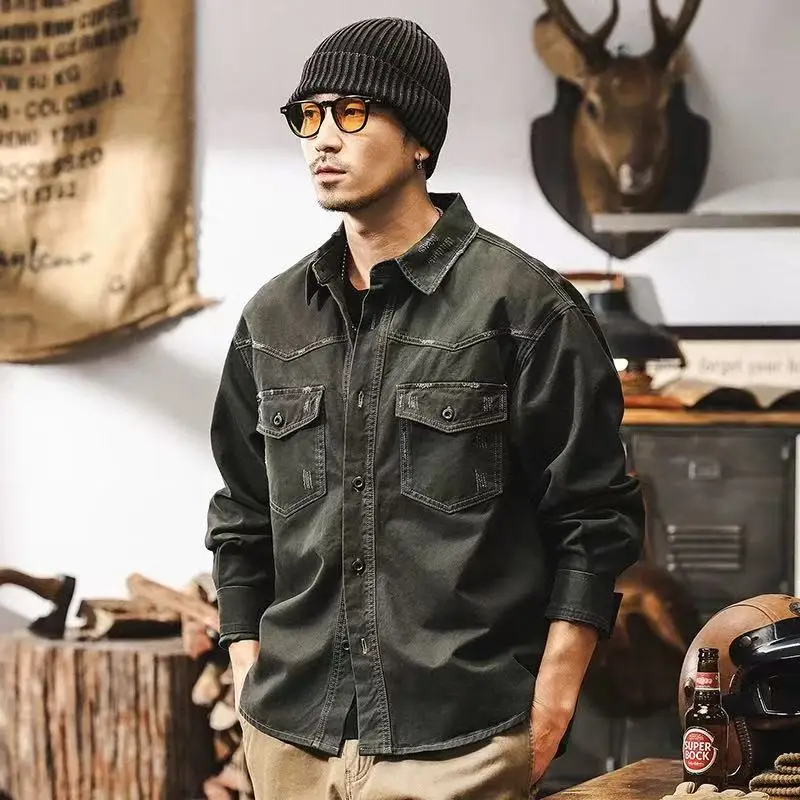 Men's American Streetwear Loose Casual Vintage Washed Cotton Oversize Long Sleeve Cargo Shirt Cityboy Plus Size Blouses Jacket
