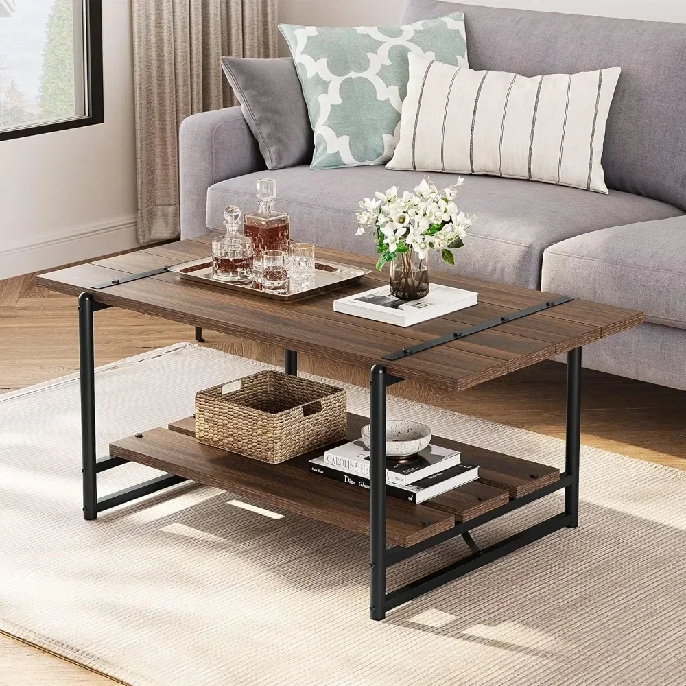 

Modern Industrial 41'' Large Wood Coffee Table with Storage Shelf - Rustic Metal Rectangle Center