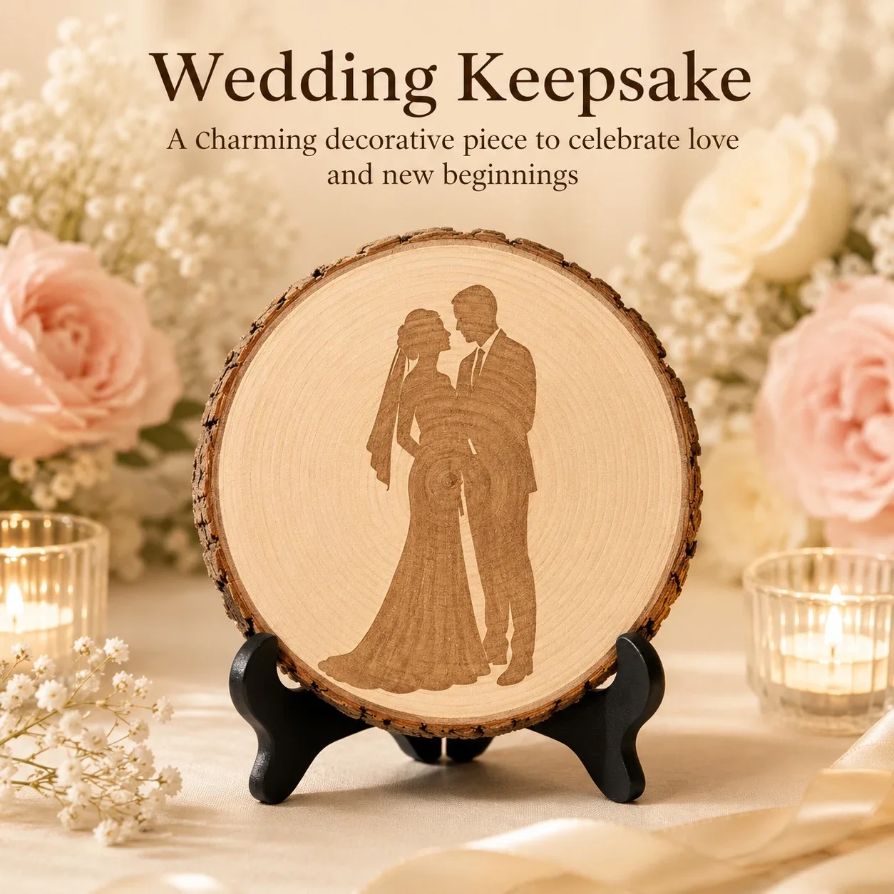 Wedding Wood Slice Decor for Anniversary Keepsake Gift, Wedding Gift for Couple, Romantic Tabletop Decoration with Display Stand