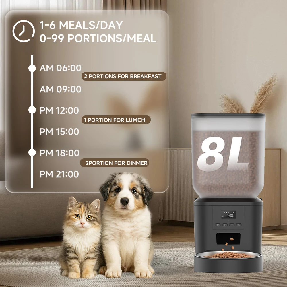 8L Automatic Pet Feeder with Stainless Steel Bowls, Large Capacity, Smart Portion Control Food Dispenser for Multi-pet