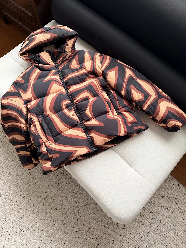 Winter Fashion Vintage Geometric Pattern Printing Casual Down Jacket Women's Hooded Long Sleeve Zipper Pockets Warm Jacket