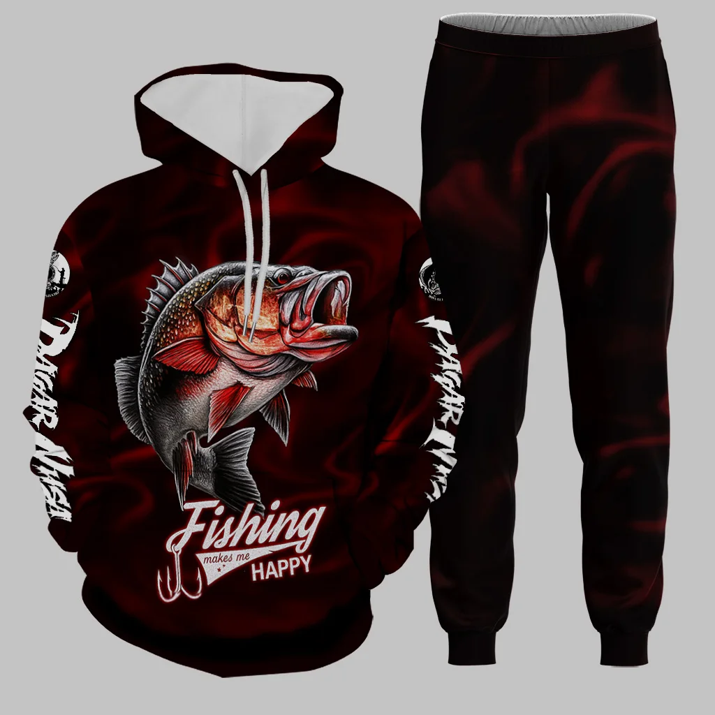 Ensemble à capuche pour hommes, pêche en plein air, imprimé en 3D, sweat à capuche + pantalon, ensemble deux pièces, surdimensionné, Cool, décontracté