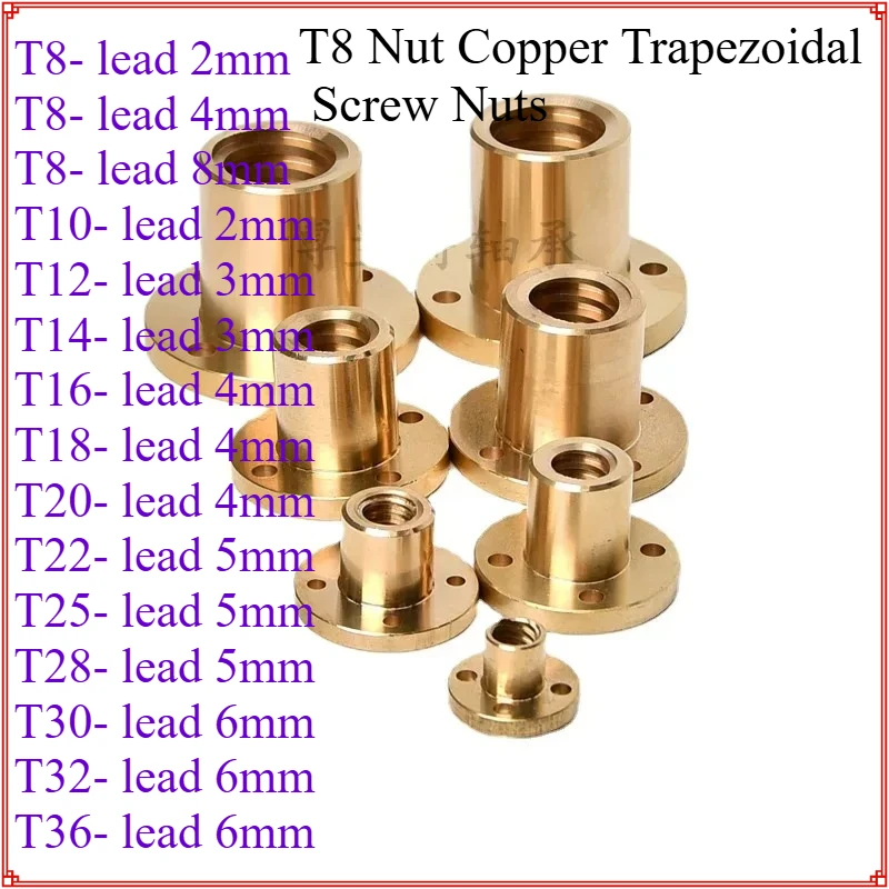 

T8 Nut Copper Trapezoidal Screw Nut For T8 Screw 3D Printer Accessory Trapezoidal Screw Brass Nut 10 12 14 16 20 22 25 28 30 32