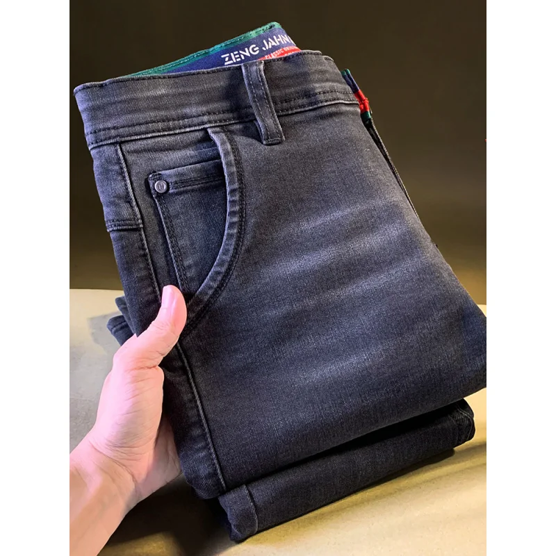 جينز رجالي باللون الأسود والرمادي للخريف عالي الجودة مغسول بأرجل مستقيمة غير رسمية النسخة الكورية سراويل مرنة صغيرة مستقيمة الساق