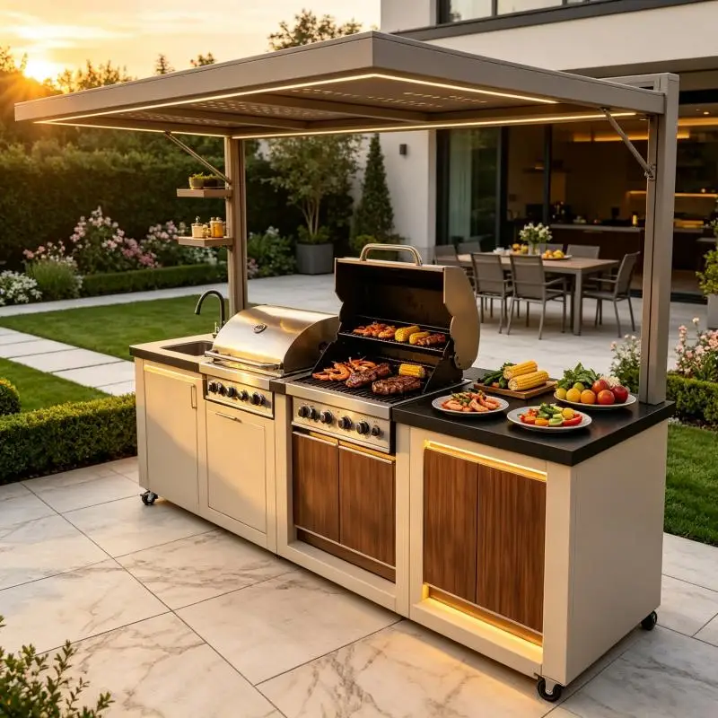 Outdoor Kitchen Cabinet System Weatherproof Structure With BBQ Griddle Sink Drawers For Patio Outdoor Barbecue Cooking Area
