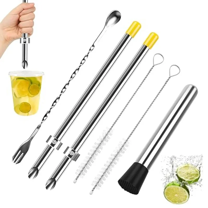 2/6-Piece Professional Lemonade Stand Kit, Includes 2pcs 316 Stainless Steel Straw Punchers for Plastic Lids, Stainless Steel Mu