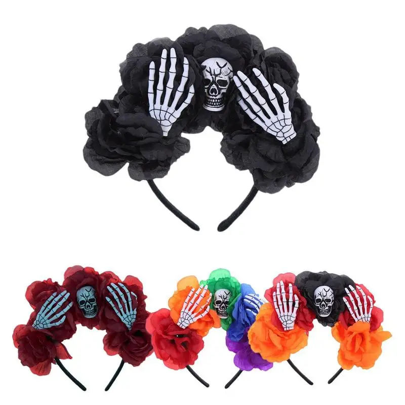 Skull Headband Hair Clips For Women Floral Headband Halloween Hair Hoop Skull Hair Hoop Simulation Rose Flower Headpiece Cosplay