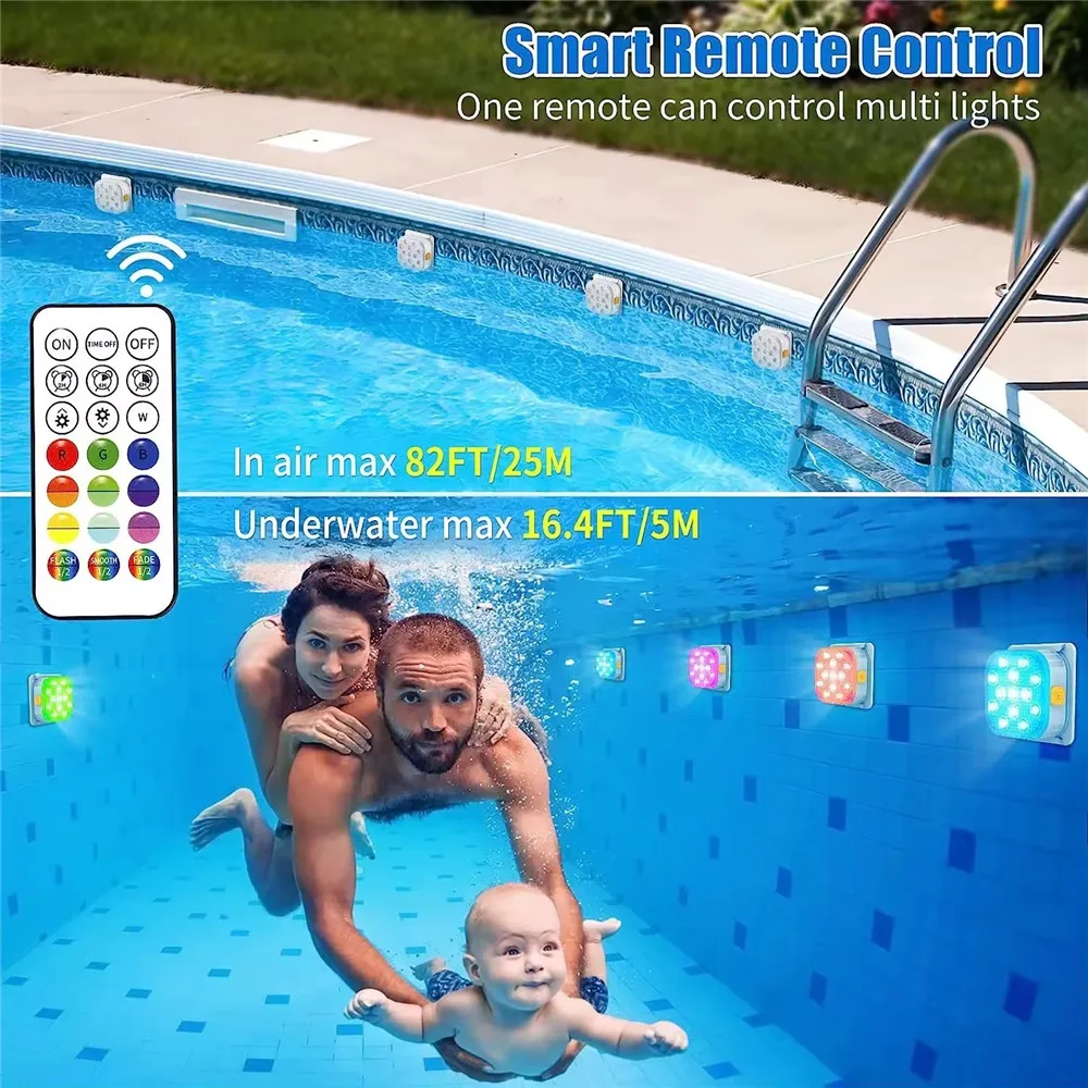 Luces Led sumergibles recargables para piscina, luz subacuática IP68 con control remoto, batería integrada de 2600mAh, 16 RGB que cambian de Color