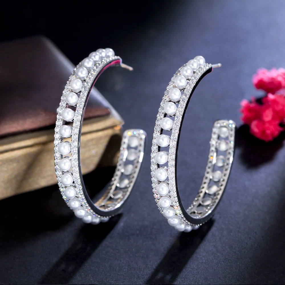 

CWWZircons Bling Cubic Zirconia Long Big Half Round Pearl Hoop Earrings for Women Trendy Korean Engagement Wedding Jewelry CZ397