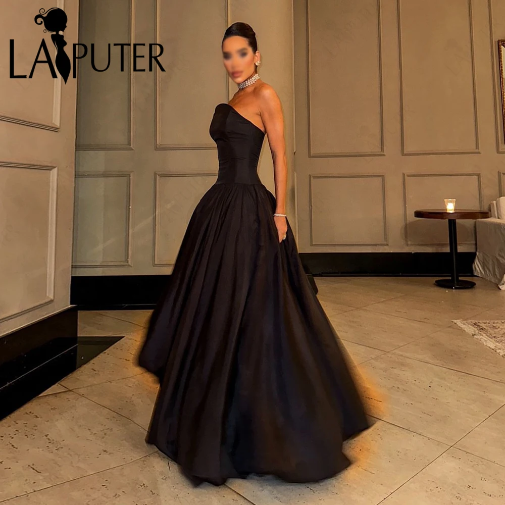 Tea Length Black Taffeta Prom Dresses Sweep Train Strapless Neck Evening Dress Pleated A line Celebrity Party Gown 2024