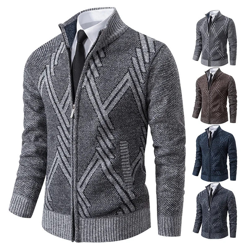 Autumn and winter foreign trade men's plush and thick standing collar sweater jacket men's Korean casual warm cardigan sweater