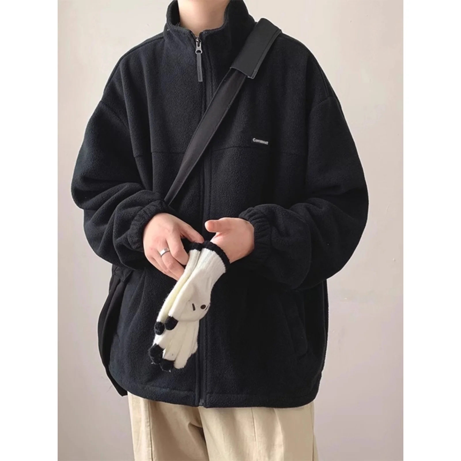 

Extra Large 300 Pou Fce Open Cardigan Men's Autumn Winter Loose Casual Stand Collar Jaet Couple's Top Polyester Fiber