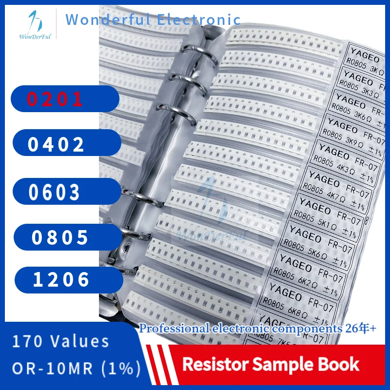 

Resistor Kit SMD Sample Book Chip 0201Resistor Assortment Kit1206 0805 0603 0402 1% FR-07 SMT 170 Values 0R-10M Smd Sample Book