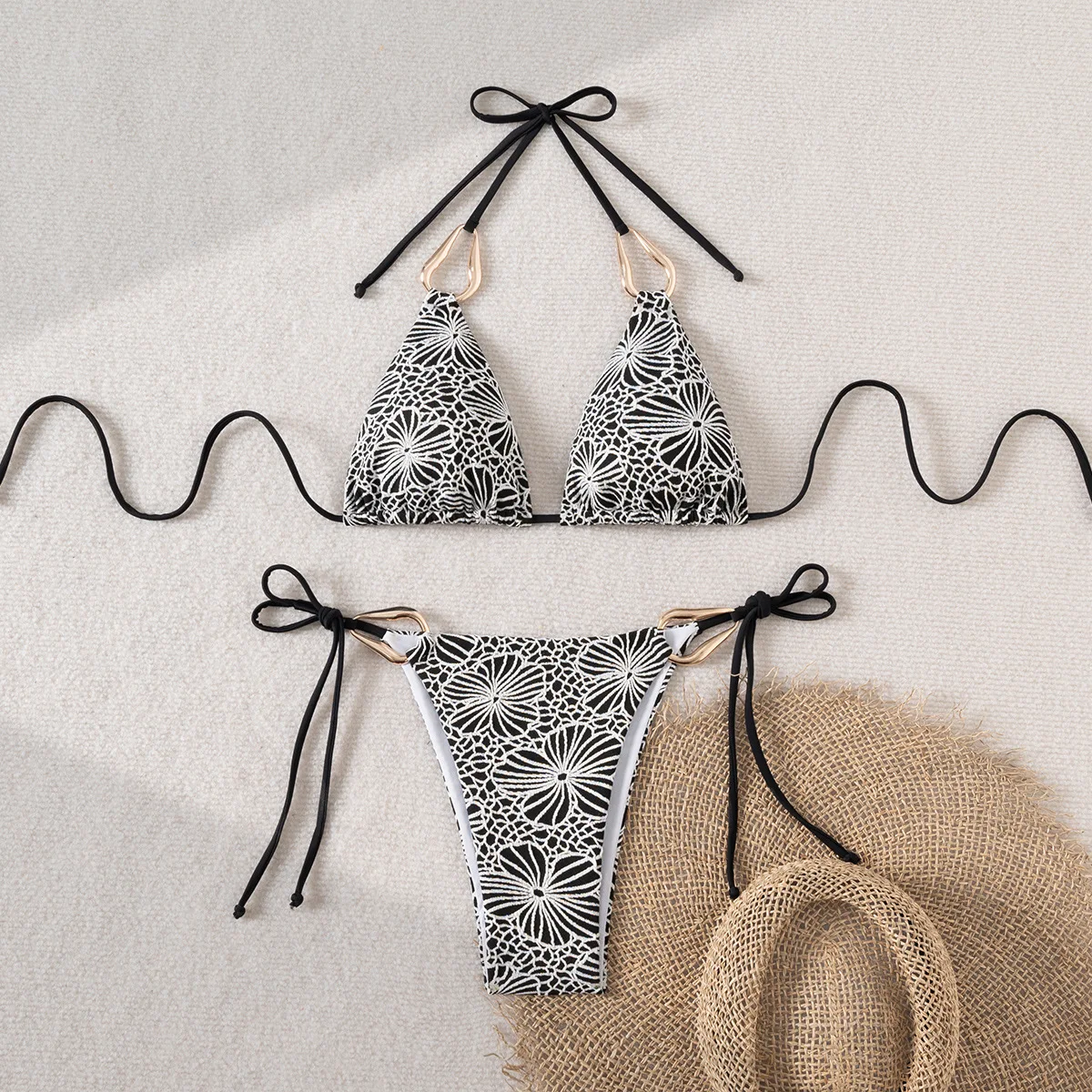 

Треугольное бикини с цветочным принтом 2025, купальник из двух предметов, женский купальник, женский комплект бикини-стринги, пляжная одежда, мягкий купальный костюм
