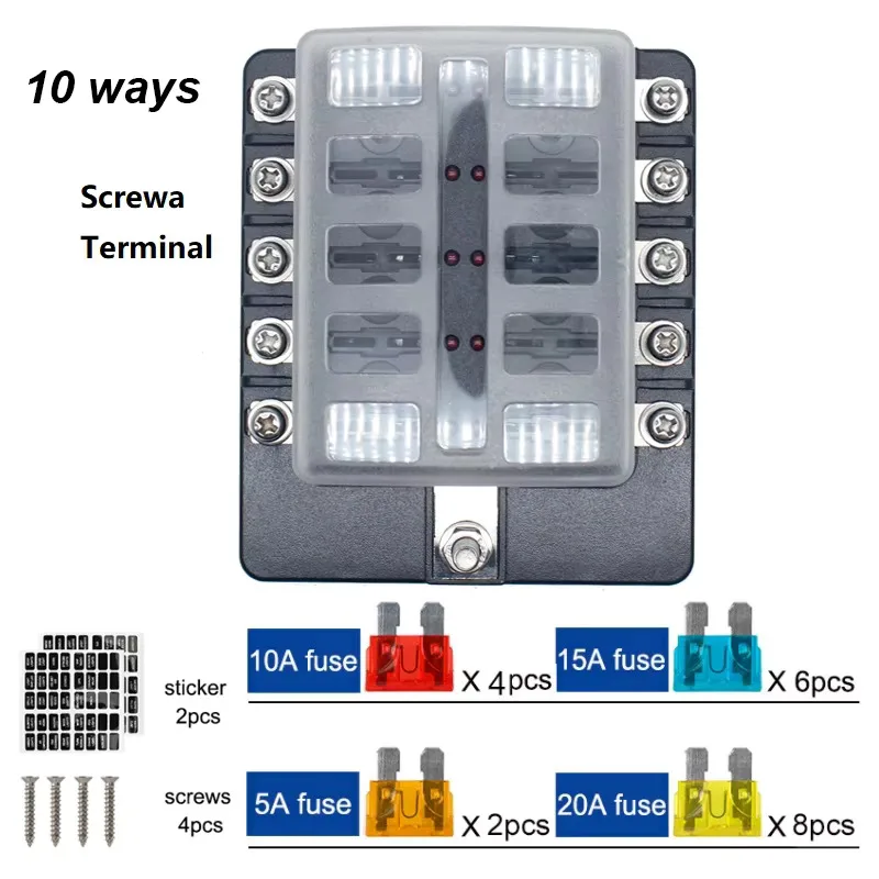 10 Manier 12V Doos 12Volt Blade Zekeringhouder W Negatieve Busbar Waterdichte Stroomonderbreker Met LED Indicator 25A Hot Selg