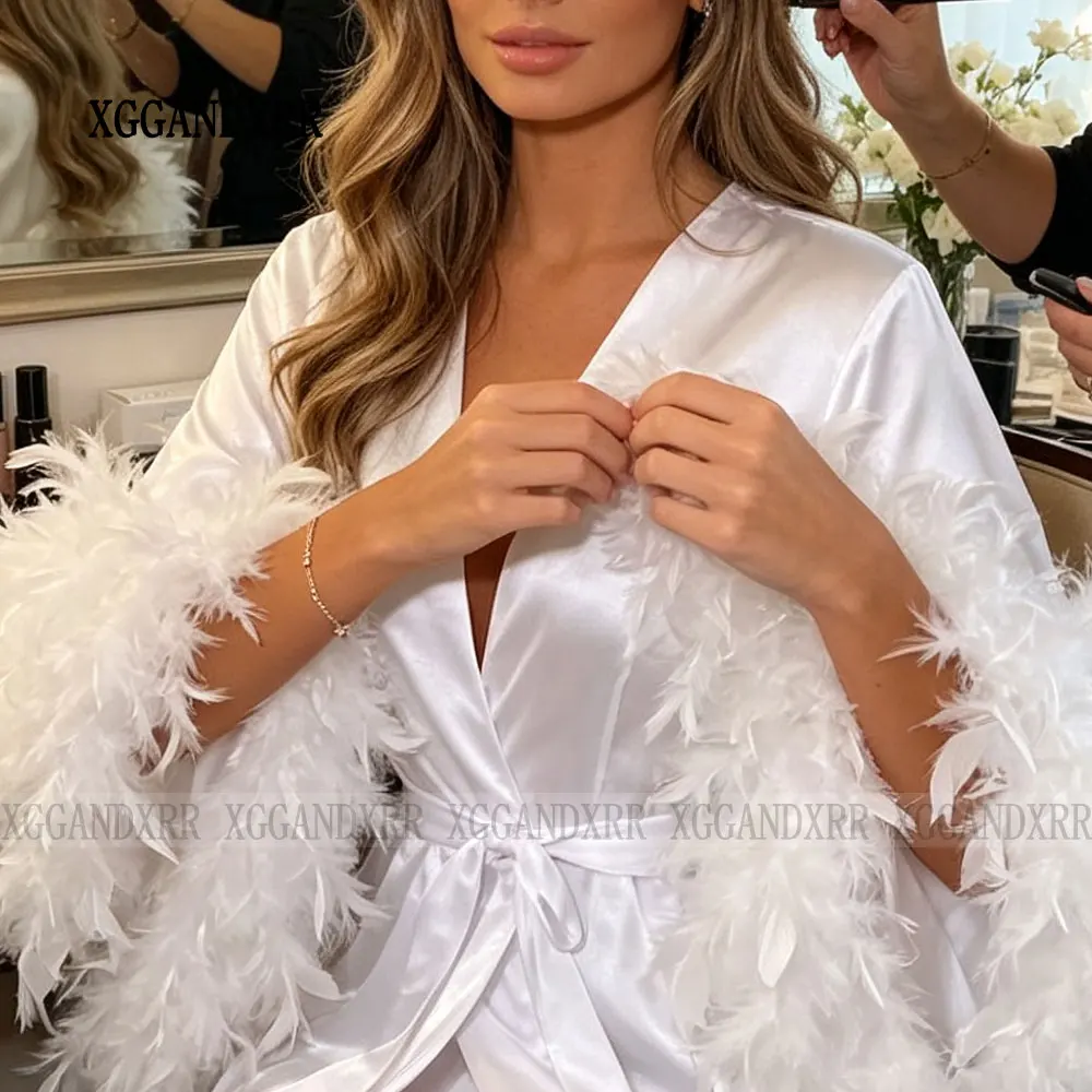 Woman Wedding Dress For Satin Sexy V Neck Feather Bridal Morning Robes Night Gown Sleepwear For Bride And BridemaidsCustomized