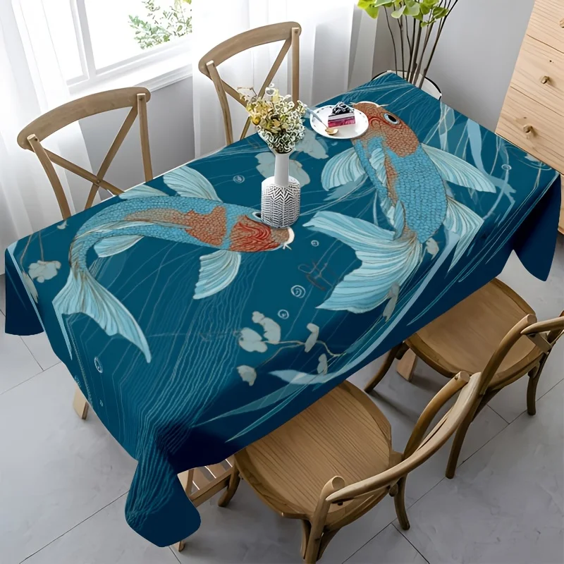 Japanese Koi Tablecloth, Blue Water Background With Koi Fish Pattern, Waterproof Table Cover for Daily Meals & Home Party Use