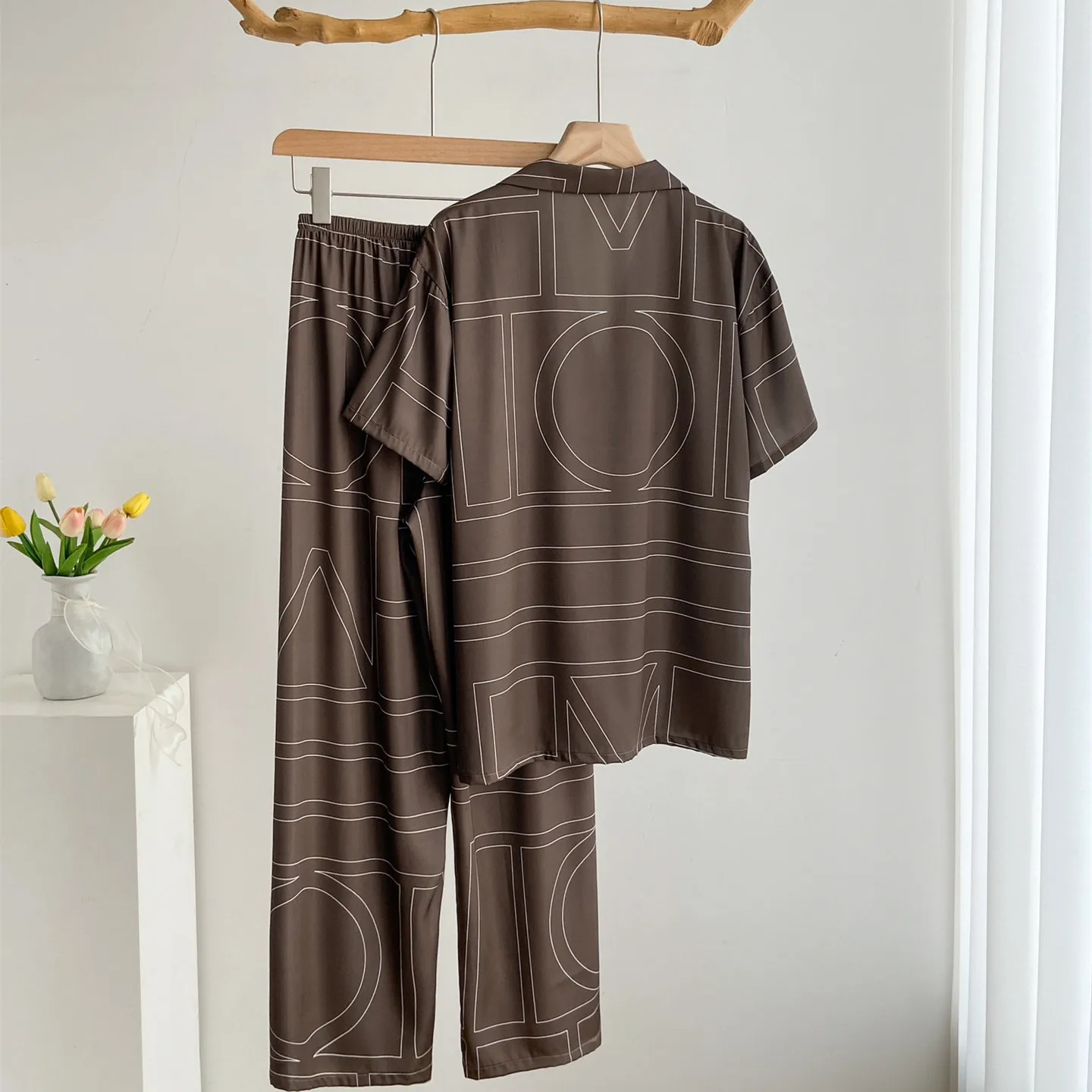 26 Spring Summer Women Men Pajamas Fashion Causal Ice Silk Cardigan Long-sleeve Oants Niche Luxury 2pieve Set Nightgown Homewear