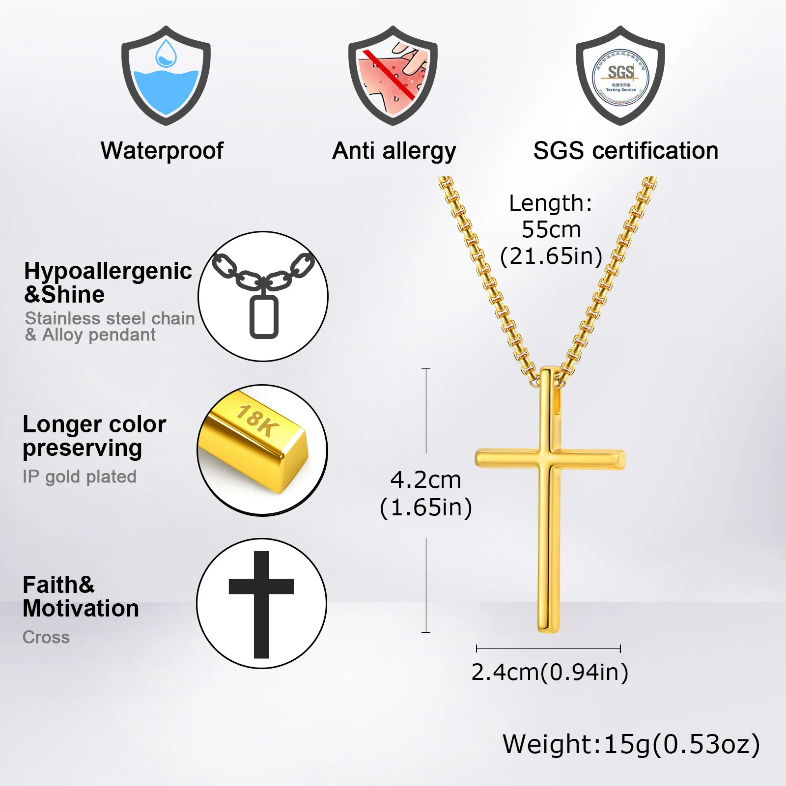 Kalung Salib Sederhana untuk Pria Anak Laki-laki, Kalung Salib Logam dengan Rantai Kotak Baja Tahan Karat 55/55CM, Hadiah Perhiasan Kasual Hip Hop