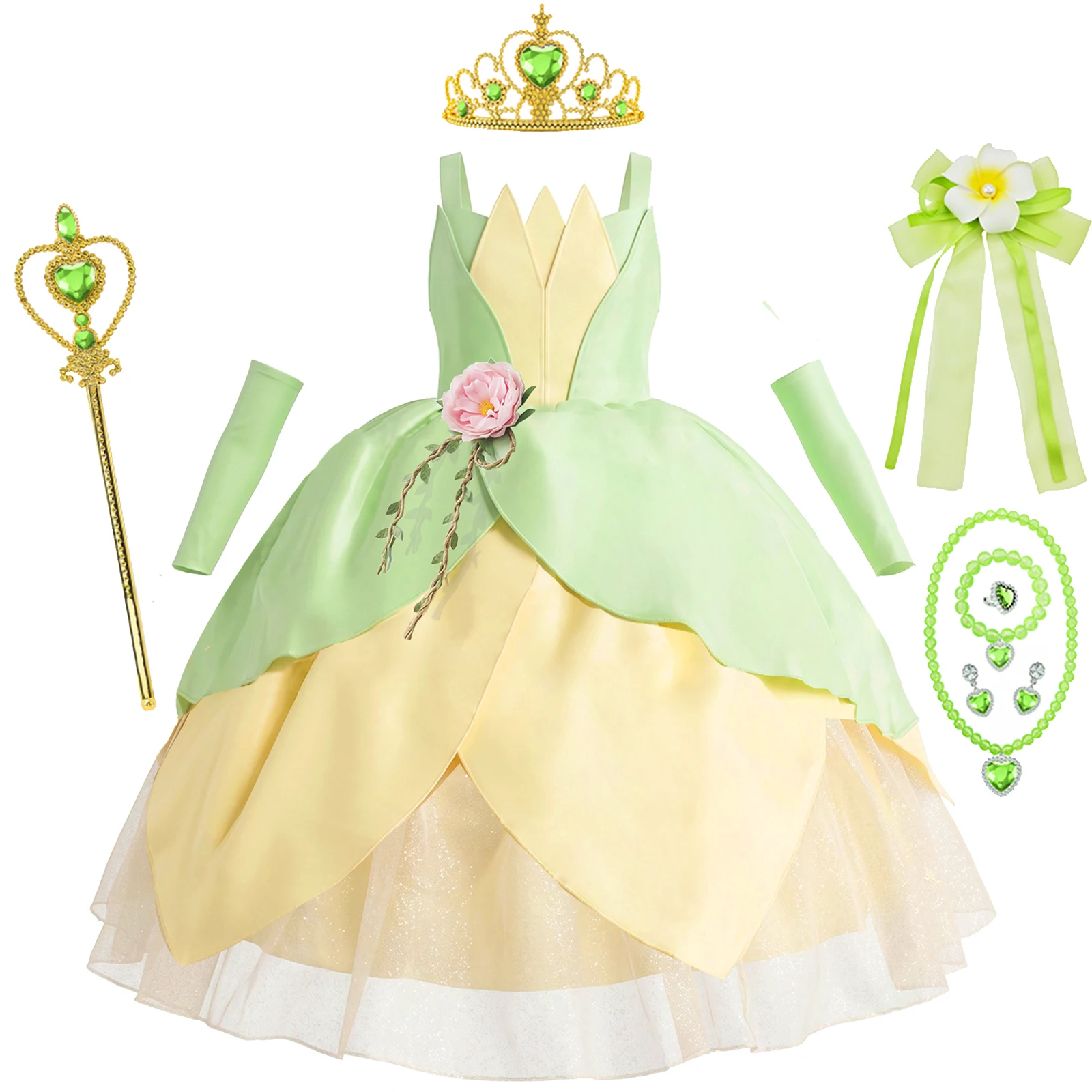 

Girls Tiana Costume Green Fairy Tale Princess Dress 2-10 Yrs Kids Luxury Fluffy Gown Children Birthday Party Elegant Tulle Frock