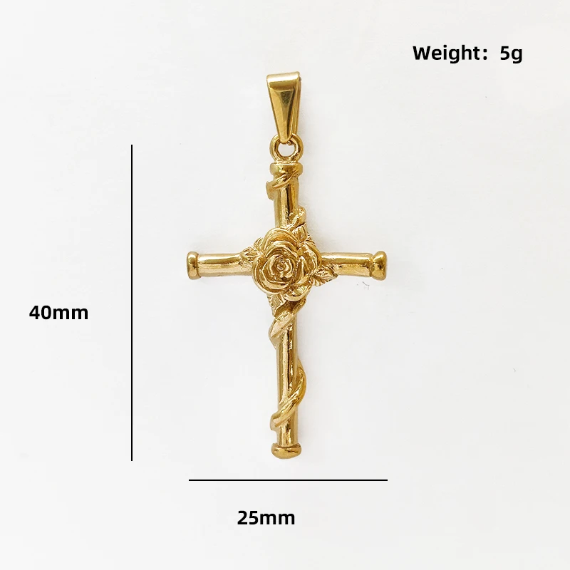 Gold Color Stainless Steel Jesus Cross Pendant Necklace for Women Men Rose Flower Cross Christian Necklace Jewelry