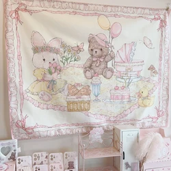 Kawaii Pink Tapestry for Teen Room Decor, Cute Bear Background Cloth, Anime Posters and Prints, Garden Prints, Outside