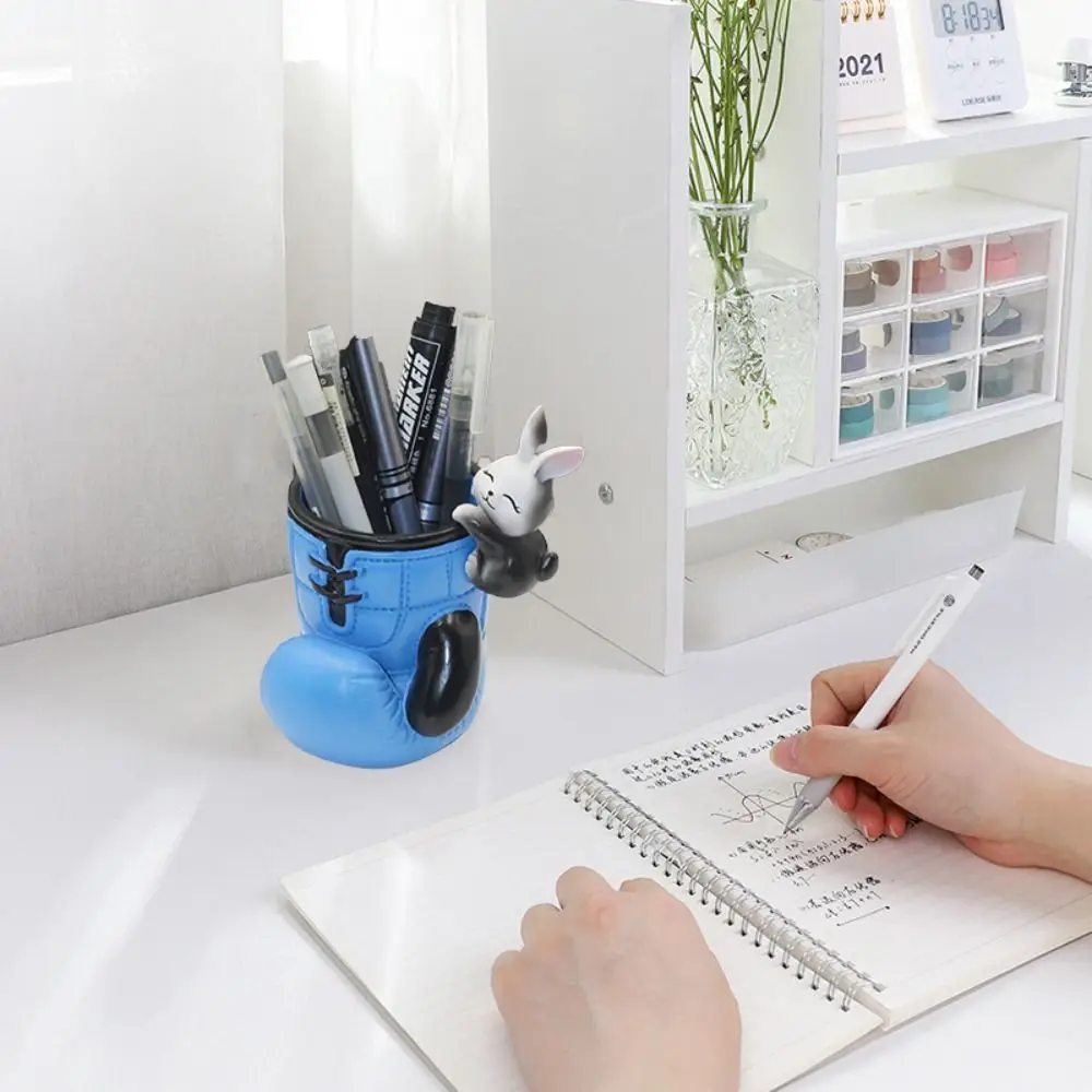 قفازات ملاكمة من الراتنج متعددة الأغراض، قاعدة ثابتة مع حامل أقلام على شكل حيوانات كرتونية، هدية صندوق أقلام أزرق/أحمر