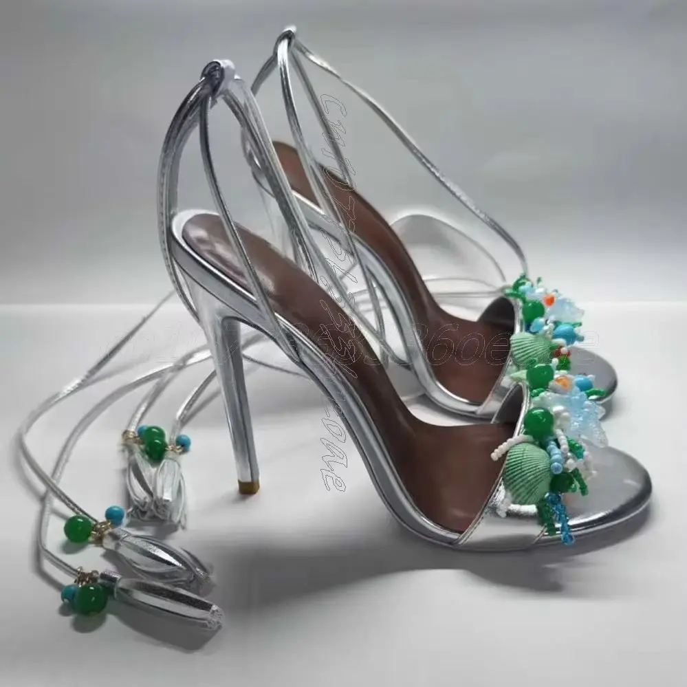 Sexy Shell Decorated Sandals String Decor Matte Silver Leather with Ankle Strap Footwear for Women 2025 Zapatos Para Mujere
