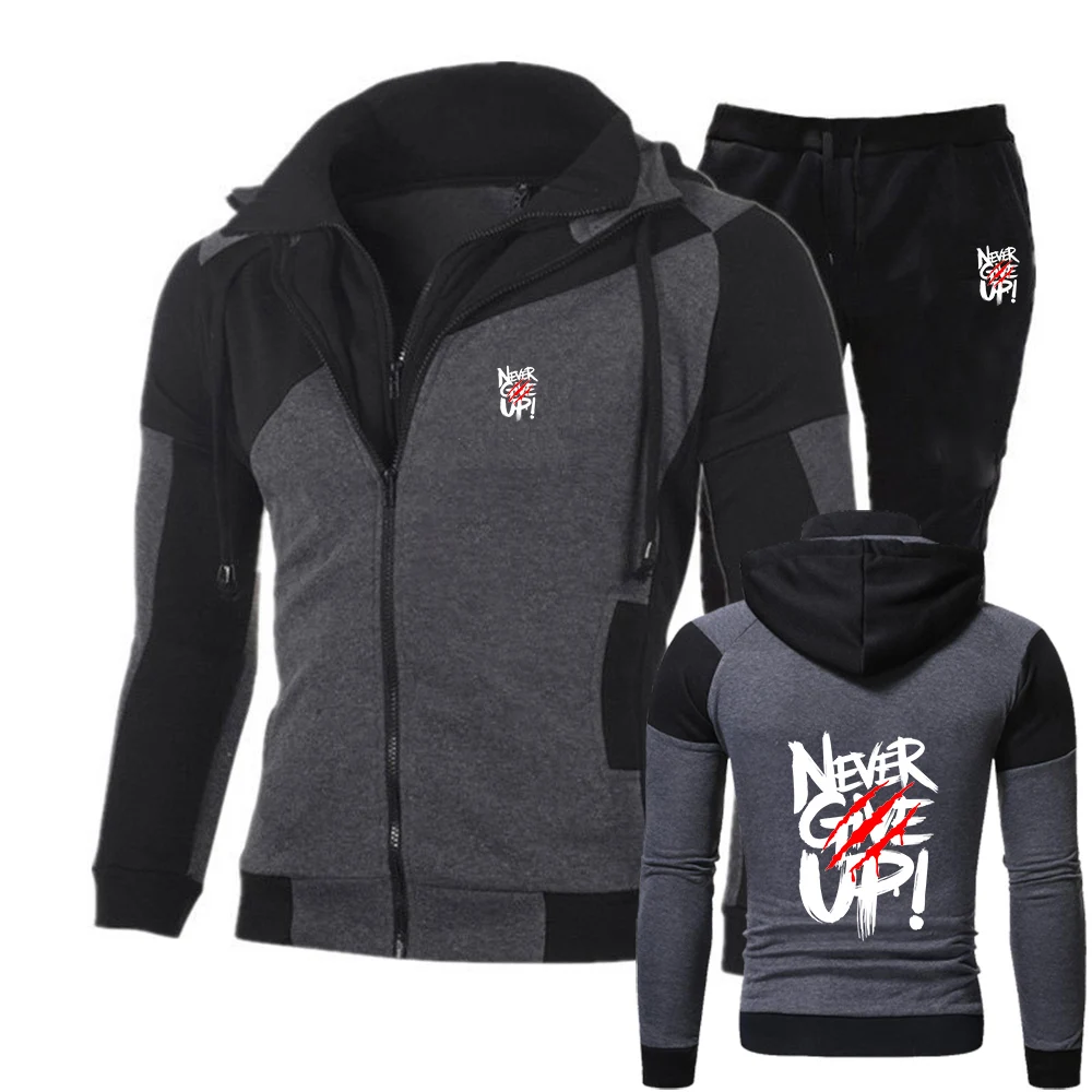 

2025 Men's New Not Afraid Of Failure Printing Casual Color Matching Design Diagonal Zipper Hoodie + Pants Casual Suit