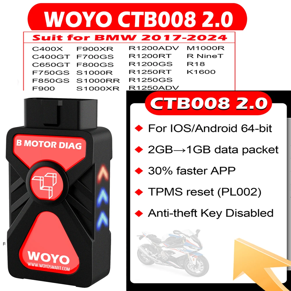 Motorcycle Diagnostic scanner WOYO CTB008 2.0 For BMW R1200 R1250 F850 F750 RnineT Blue-tooth 5.0 For iphone IOS Android 64-bit
