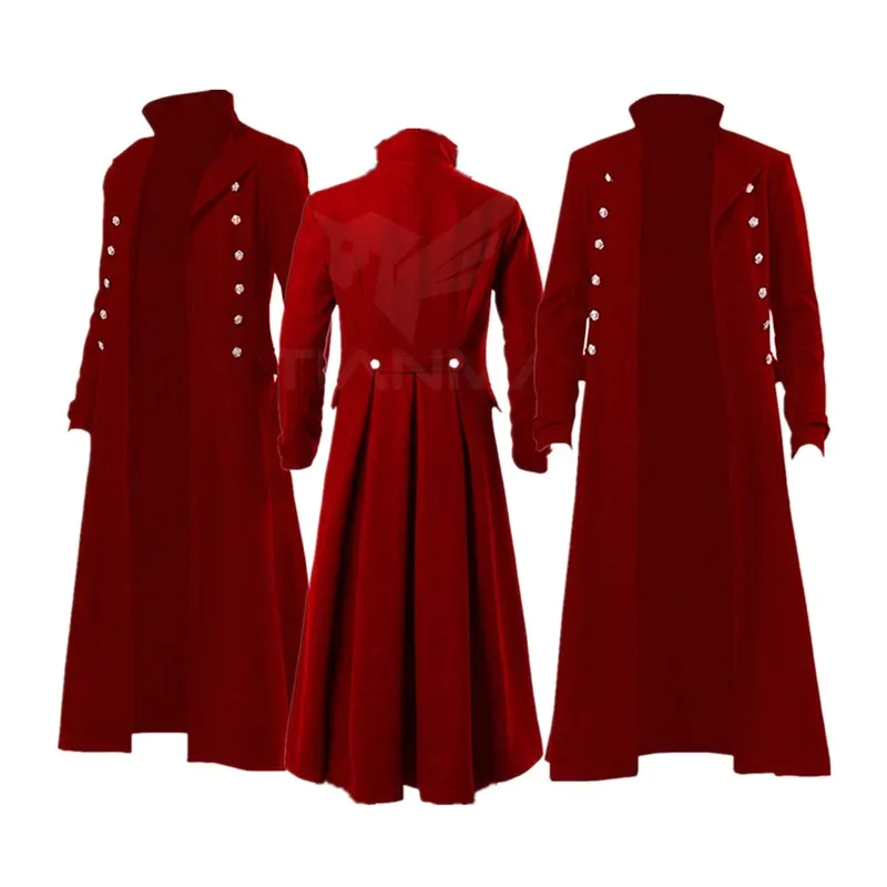 Adult Men Retro Steam Punk Cosplay Gothic Fantasy Red Coat Long Jacket Outfits Halloween Carnival Party Suit