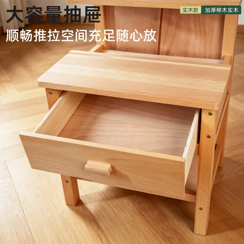 Height Adjustable Beech Painting Desk with Built-in Double Drawers, Side Pull-out Design for Art Training and Creation