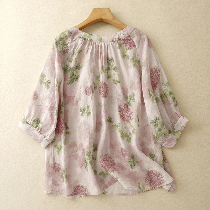 Cotton Linen Chinese Style Women Blouses Trend 2024 Summer Loose Vintage Tops Korean Clothing Sales Printed Women's Shirts